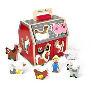 lot 14637 image: Melissa & Doug Wooden Take-Along Sorting Barn Toy with Flip-Up Roof and Handle, 10 Wooden Farm Play Pieces - Farm Toys, Shape Sorting And Stacking Learning Toys For Toddlers And Kids Ages 2