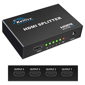 lot 14669 image: KELIIYO HDMI Splitter 1 in 4 Out V1.4b Powered HDMI Video Splitter with AC Adaptor DuplicateMirror Screen Monitor Supports Ultra HD 1080P 2K x4K30Hz and 3D Resolutions (1 Input to 4 Outputs)