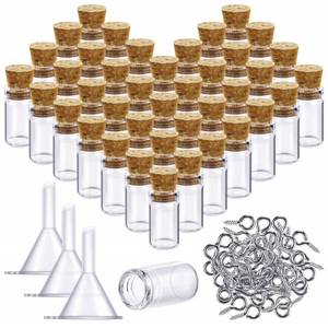 lot 14682 image: Yungyan 50 Pieces Small Mini Glass Bottles Jars with Cork Stoppers Set, Tiny Cork Glass Bottles with Eye Screws and Small Funnel for Decoration, Art Crafts, DIY Projects, Party Favors (0.5ml)