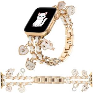 lot 14686 image: WONMILLE Bracelet Compatible with Apple Watch Band 44mm 45mm 49mm 42mm Women, Stylish Chain Design iWatch Bands Wristbands with Unique Fancy Pendants (Cat White Gold, 42444549mm)