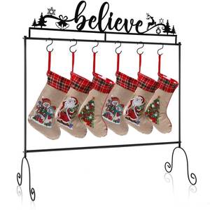 lot 61605 image: Hotop Metal Stand Christmas Stocking Holder Believe Standing Hangers Black Floor Reindeer Tree for Santa, 35.43 x 33.46 x 11.81 In