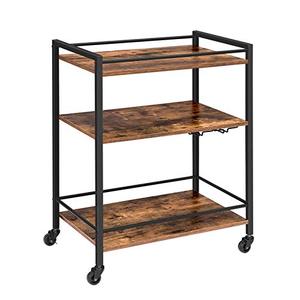 lot 61612 image: HOOBRO Bar Cart for The Home, Serving Cart with Wine Glass Hooks, Rolling Kitchen Cart with Lockable Wheels, 25.2 x 15.7 x 33.3 Inches Beverage Cart with Storage Shelves, Rustic Brown BF02TC01