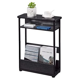 lot 61621 image: Vintage Narrow Side Table with Storage Shelf, 3 Tier Slim End Table Modern Sofa Table for Narrow and Small Spaces, 24.6 Inch Height Bedside Table Small Nightstand with Magazine RackBlack
