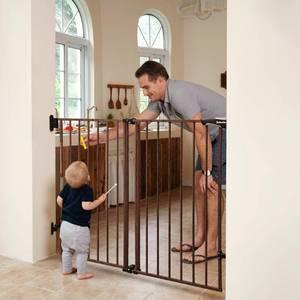 lot 61627 image: Babelio 34 Extra Tall BabyDog Gate with No Threshold Design Walk Thru Door, 26-43 Auto Close Safety Gate for Babies, Elders and Pets, Fits Doorways, Stairs, and Entryways, Brown Wood Pattern