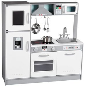 lot 61639 image: Amazon Basics Kids Upright Wooden Kitchen Toy Playset with Stove, Oven, Sink, Fridge and Accessories, for Toddlers, Preschoolers, Children Age 3 Years, White & Gray, 39L x 11.8W x 39H