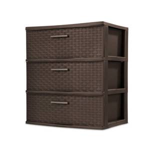 lot 61670 image: Sterilite 3 Drawer Wide Weave Storage Tower, Plastic Decorative Drawers to Organize Clothes in Bedroom, Closet, Brown with Brown Drawers, 1-Pack