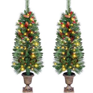 lot 61672 image: Hiboom 2 Pcs Pre Lit Artificial Christmas Tree ExtraLarge Pencil Christmas Tree Skinny Xmas Tree Mini Christmas Pine Tree with Warm White LED Lights, Berry, Branch Tips for Porch Holiday Decor (5FT)