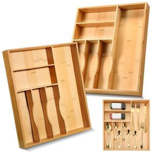 lot 61684 image: Menkxi 2 Piece Bamboo Silverware Organizer 13 Inch Kitchen Drawer Organizer Utensils Silverware Holder and Cutlery Tray with Deep Grooved Drawer Dividers Bamboo Wood Caddy for Flatware 6 Slot, Natural