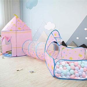 lot 61697 image: Kids Play Tent 3 Pieces, Pop Up Play Tents with Crawl Tunnel & Ball Pit with Basketball for Kids, Boys, Girls, Babies and Toddlers, IndoorOutdoor Playhouse, Best Gift for 18 Months-8 Year Old, Pink