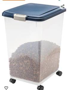 lot 61702 image: IRIS USA 46 Lbs  WeatherPro Airtight Pet Food Storage Container with Attachable Casters, For Dog Cat Bird and Other Pet Food Storage Bin, Keep Fresh, Translucent Body, Easy Mobility, Navy