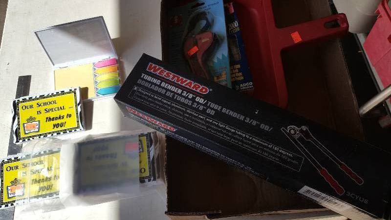 lot 505 image: Misc Lot of Sticky Notes, Tools, Safety Cutter, Pipe Bender, Grip Helper, and more.