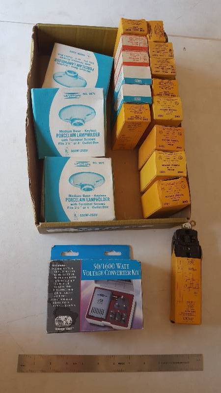lot 522 image: Lot of Electrical Supplies Switches, Lamp Holders. Voltage Converter, Receptacles, (Leviton & Hubbell Brands)