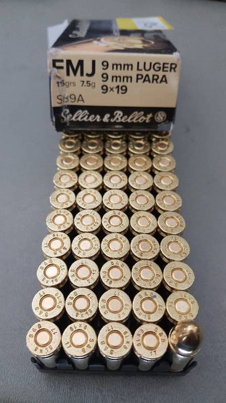 lot 421 image: 50 Rounds of Sellier & Bellot 9mm 115gr FMJ Ammo