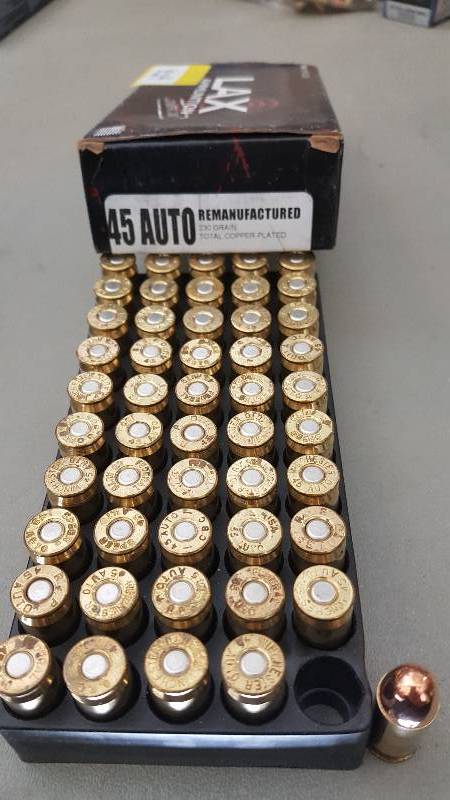 lot 424 image: 50 Rounds of Lax Remanufactured 45 Caliber 230 Grain FMJ