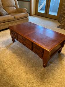 lot 2032 image: 5 drawer wooden coffee table 18 x 48 x 28 Located in the basement