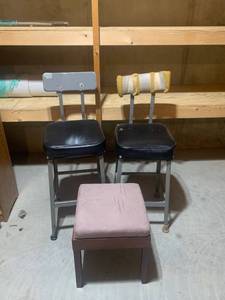 lot 2053 image: 2 Shop chairs with stool. Tallest is 39 inches. Located in the basement
