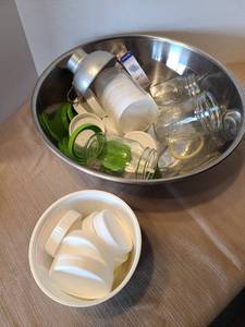 lot 2141 image: Large bowl and canning supplies