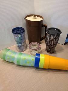 lot 2160 image: Stainless thermal camo Orca cup, Tupperware pitcher, jar, plastic cups