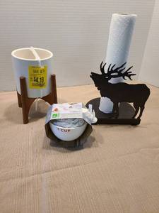 lot 2165 image: Moose paper towel holder, cream pot with stand, ceramic measuring cups