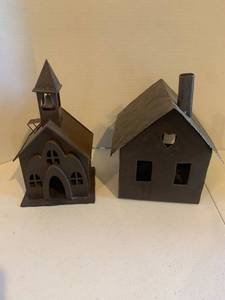 lot 2207 image: 2 Metal churches. Both are candle holders