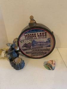 lot 2208 image: Moose Lake General Store canteen and moose candle holder and painted rock