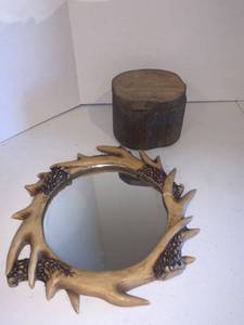 lot 2212 image: Natural wood box. 4 inch tall and an antler mirror 11 inches diameter