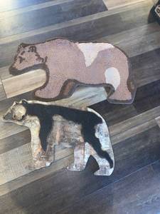 lot 2216 image: Bear rug and wooden bear cut out. Approximately 28 x 14