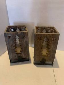 lot 2260 image: 2 Wooden and glass candle holders. Approximately 10 inches tall