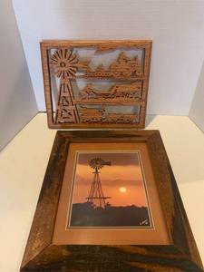 lot 2263 image: Framed windmill picture 17 x 14 and wooden windmill and tractor cut out