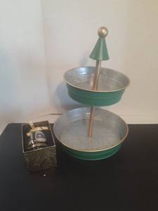lot 2286 image: Galvanized 2 tier tray and Christmas ornament