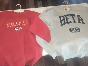 lot 2300 image: Sweatshirts. KC Chiefs (large) BETA Dad (XL)