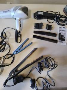 lot 2414 image: Hair cutting kit, blow dryer, 2 flatirons