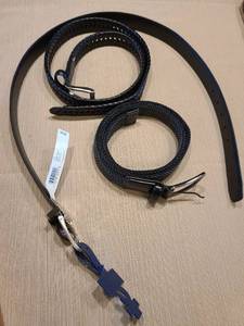 lot 2418 image: Three mens belts, 2 braided are 34-36 and the new blackbrown reversible is 32