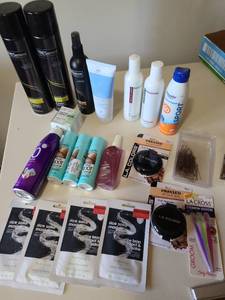 lot 2423 image: Tresemme hair spray, Aveda conditioner, Brandywine shampoo and conditioner, root cover up, pressed powder, more