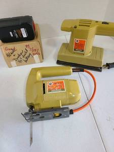 lot 3230 image: Black and Decker finishing sander, jigsaw, 38 inch drill battery.