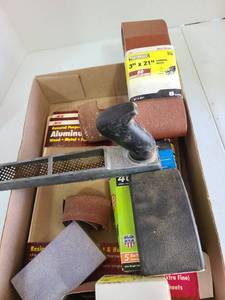 lot 3245 image: Rasp with handle, sanding belts, blocks and sandpaper