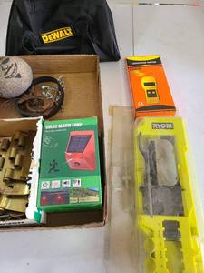 lot 3248 image: Ryobi door hinge router template, moisture meter, hinges, solar alarm lamp, empty Dewalt tool bag