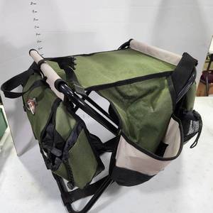 lot 3409 image: FLW outdoor folding stool with side pouches appears new, fishing lures, nylon and bobbers