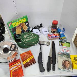 lot 3410 image: Greatland cook set, camp stove toaster, hand axe, Buck knife and supplies
