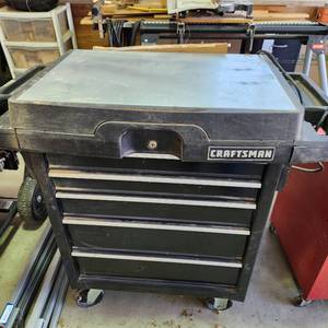 lot 3502 image: Craftsman tool box, metal table top with power source 37 x 39 x 22