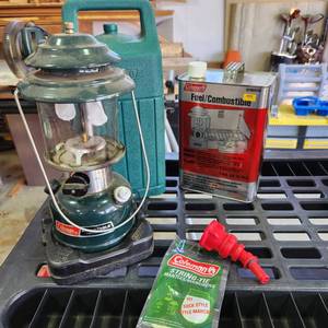 lot 3505 image: Coleman lantern with case, Coleman fuel (12 full) and mantles