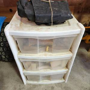 lot 3604 image: Rubbermaid 3 drawer container with fire starter wood pieces and firewood cover