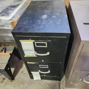 lot 3608 image: Black 2 drawer filing cabinet with drawings 29 x 25 x 15
