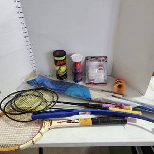 lot 3614 image: Rawlings tennis racket, badmitton rackets, shuttlecocks, tennis balls and a kite