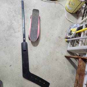 lot 3624 image: Brett Hull Street Attack hockey stick and Bengel Hot Cat skateboard