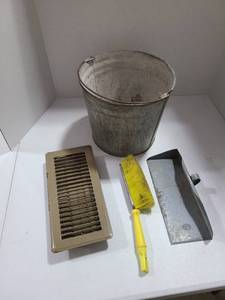 lot 3706 image: Galvanized bucket, floor register 11.5 x 5.5, dust pan and hand broom
