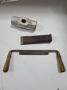 lot 3711 image: Vintage draw knife, wedge, sledgehammer head