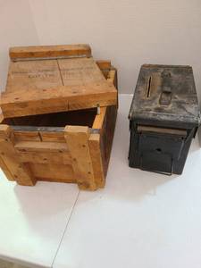 lot 3740 image: Wooden and metal ammo boxes.