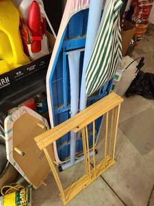 lot 3760 image: Full size ironing board, table top ironing board, wooden clothes rack, bag of clothespins