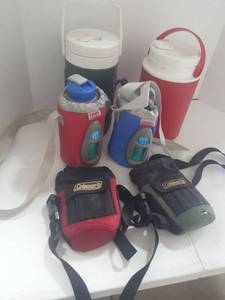 lot 3034 image: Coleman and Thermos water jugs, and water jug koozies